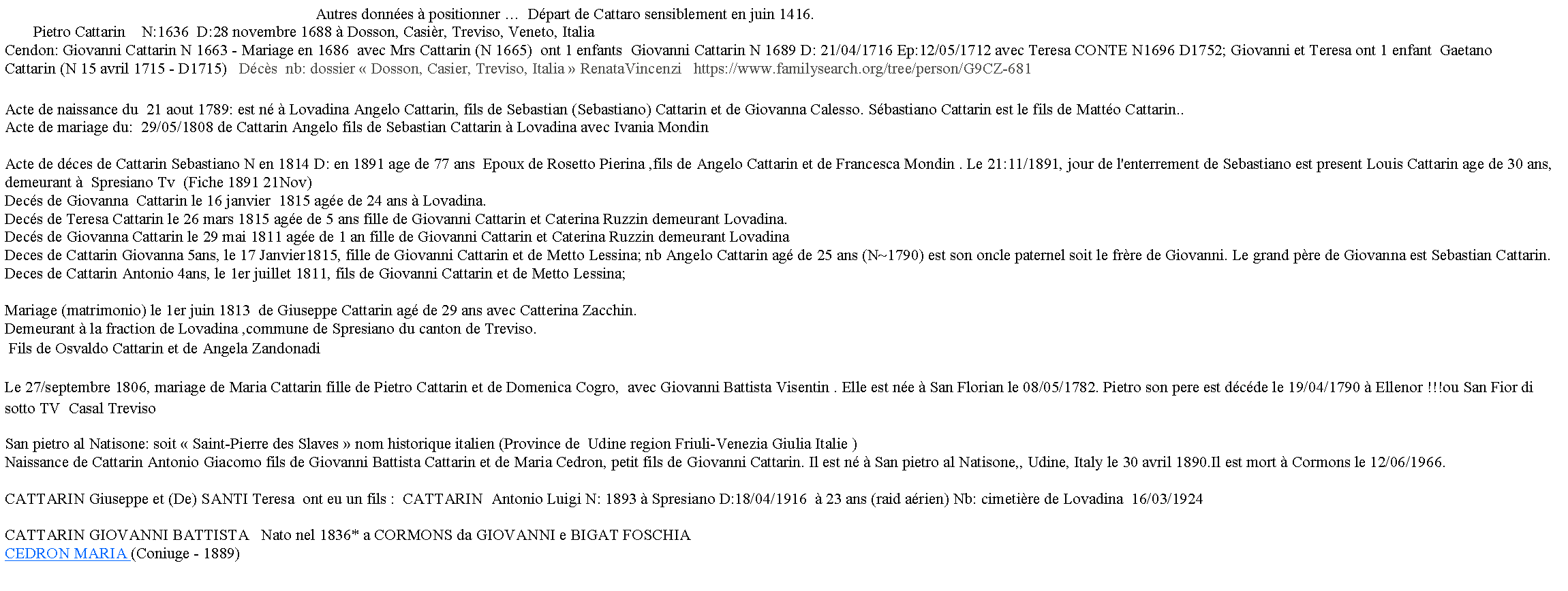 Zone de Texte: Autres données à positionner … Départ de Cattaro sensiblement en juin 1416.
Pietro Cattarin N:1636 D:28 novembre 1688 à Dosson, Casièr, Treviso, Veneto, Italia
Cendon: Giovanni Cattarin N 1663 - Mariage en 1686 avec Mrs Cattarin (N 1665) ont 1 enfants Giovanni Cattarin N 1689 D: 21/04/1716 Ep:12/05/1712 avec Teresa CONTE N1696 D1752; Giovanni et Teresa ont 1 enfant Gaetano Cattarin (N 15 avril 1715 - D1715) Décès nb: dossier « Dosson, Casier, Treviso, Italia » RenataVincenzi https://www.familysearch.org/tree/person/G9CZ-681
Acte de naissance du 21 aout 1789: est né à Lovadina Angelo Cattarin, fils de Sebastian (Sebastiano) Cattarin et de Giovanna Calesso. Sébastiano Cattarin est le fils de Mattéo Cattarin..
Acte de mariage du: 29/05/1808 de Cattarin Angelo fils de Sebastian Cattarin à Lovadina avec Ivania Mondin
Acte de déces de Cattarin Sebastiano N en 1814 D: en 1891 age de 77 ans Epoux de Rosetto Pierina ,fils de Angelo Cattarin et de Francesca Mondin . Le 21:11/1891, jour de l'enterrement de Sebastiano est present Louis Cattarin age de 30 ans, demeurant à Spresiano Tv (Fiche 1891 21Nov)
Decés de Giovanna Cattarin le 16 janvier 1815 agée de 24 ans à Lovadina.
Decés de Teresa Cattarin le 26 mars 1815 agée de 5 ans fille de Giovanni Cattarin et Caterina Ruzzin demeurant Lovadina.
Decés de Giovanna Cattarin le 29 mai 1811 agée de 1 an fille de Giovanni Cattarin et Caterina Ruzzin demeurant Lovadina
Deces de Cattarin Giovanna 5ans, le 17 Janvier1815, fille de Giovanni Cattarin et de Metto Lessina; nb Angelo Cattarin agé de 25 ans (N~1790) est son oncle paternel soit le frère de Giovanni. Le grand père de Giovanna est Sebastian Cattarin.
Deces de Cattarin Antonio 4ans, le 1er juillet 1811, fils de Giovanni Cattarin et de Metto Lessina;
Mariage (matrimonio) le 1er juin 1813 de Giuseppe Cattarin agé de 29 ans avec Catterina Zacchin.
Demeurant à la fraction de Lovadina ,commune de Spresiano du canton de Treviso.
Fils de Osvaldo Cattarin et de Angela Zandonadi
Le 27/septembre 1806, mariage de Maria Cattarin fille de Pietro Cattarin et de Domenica Cogro, avec Giovanni Battista Visentin . Elle est née à San Florian le 08/05/1782. Pietro son pere est décéde le 19/04/1790 à Ellenor !!!ou San Fior di sotto TV Casal Treviso
San pietro al Natisone: soit « Saint-Pierre des Slaves » nom historique italien (Province de Udine region Friuli-Venezia Giulia Italie )
Naissance de Cattarin Antonio Giacomo fils de Giovanni Battista Cattarin et de Maria Cedron, petit fils de Giovanni Cattarin. Il est né à San pietro al Natisone,, Udine, Italy le 30 avril 1890.Il est mort à Cormons le 12/06/1966.
CATTARIN Giuseppe et (De) SANTI Teresa ont eu un fils : CATTARIN Antonio Luigi N: 1893 à Spresiano D:18/04/1916 à 23 ans (raid aérien) Nb: cimetière de Lovadina 16/03/1924
CATTARIN GIOVANNI BATTISTA Nato nel 1836* a CORMONS da GIOVANNI e BIGAT FOSCHIA
CEDRON MARIA (Coniuge - 1889)